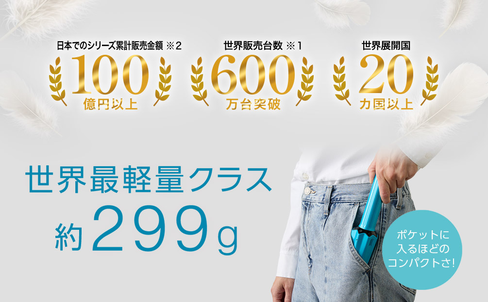 日本でのシリーズ累計販売金額100億円以上※2 世界販売台数600万台突破※1 世界展開国20ヵ国以上 世界最軽量クラス 約299g ポケットに入るほどのコンパクトさ！