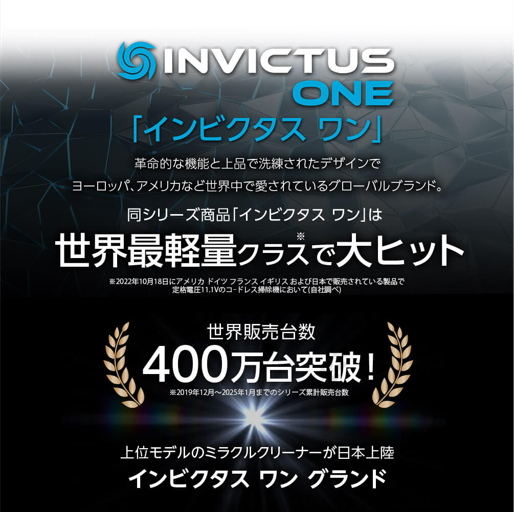 INVICTUS ONE「インビクタス ワン」 革命的な機能と上品で洗練されたデザインでヨーロッパ、アメリカなど世界中で愛されているグローバルブランド。同シリーズ商品「インビクタス ワン」は世界最軽量クラス※で大ヒット ※2022年10月18日にアメリカ ドイツ フランス イギリスおよび日本で販売されている製品で定格電圧11.1Vのコードレス掃除機において（自社調べ） 世界販売台数400万台突破！ ※2019年12月～2025年1月までのシリーズ累計販売台数 上位モデルのミラクルクリーナーが日本上陸 インビクタス ワン グランド