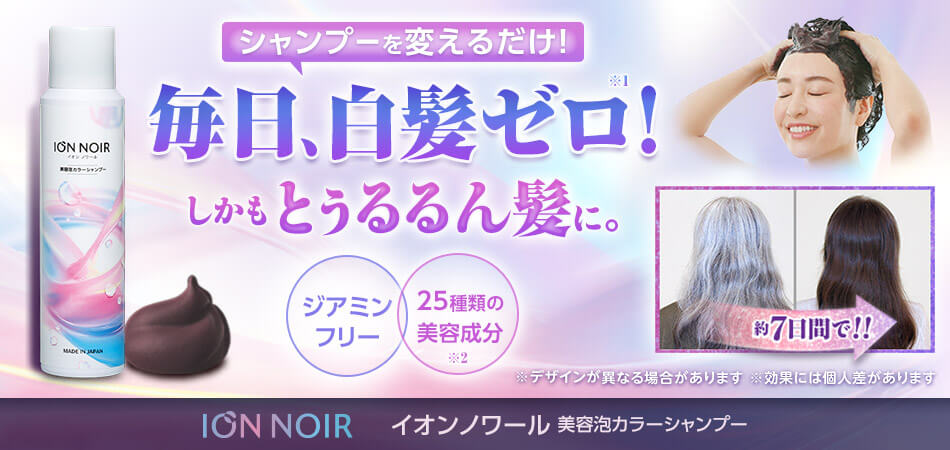 シャンプーを変えるだけ！毎日、白髪ゼロ！※1 しかも、とぅるるん髪に。ジアミンフリー 25種類の美容成分※2 ※デザインが異なる場合があります ※効果には個人差があります ION NOIR イオンノワール 美容泡カラーシャンプー