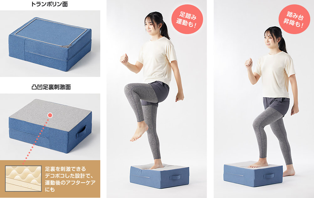 トランポリン面 凸凹足裏刺激面 足裏を刺激できるデコボコした設計で、運動後のアフターケアにも 足踏み運動も! 踏み台昇降も!