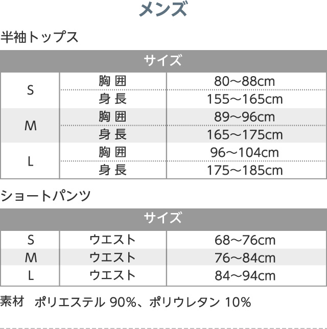 メンズ 半袖トップス サイズ S 胸囲 80~88cm 身長 155~165cm M 胸囲 89~96cm 身長 165~175cm L 胸囲 96~104cm 身長 175~185cm ショートパンツ サイズ S ウエスト 68~76cm M ウエスト 76~84cm L ウエスト 84~94cm 素材 ポリエステル90%、ポリウレタン10%