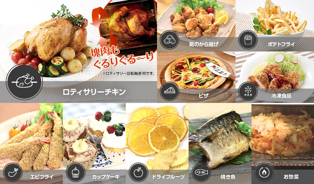 ロティサリーチキン 塊肉もぐるりぐる~り ※ロティサリー回転軸使用です。 鶏のから揚げ ポテトフライ ピザ 冷凍食品 エビフライ カップケーキ ドライフルーツ 焼き魚 お惣菜