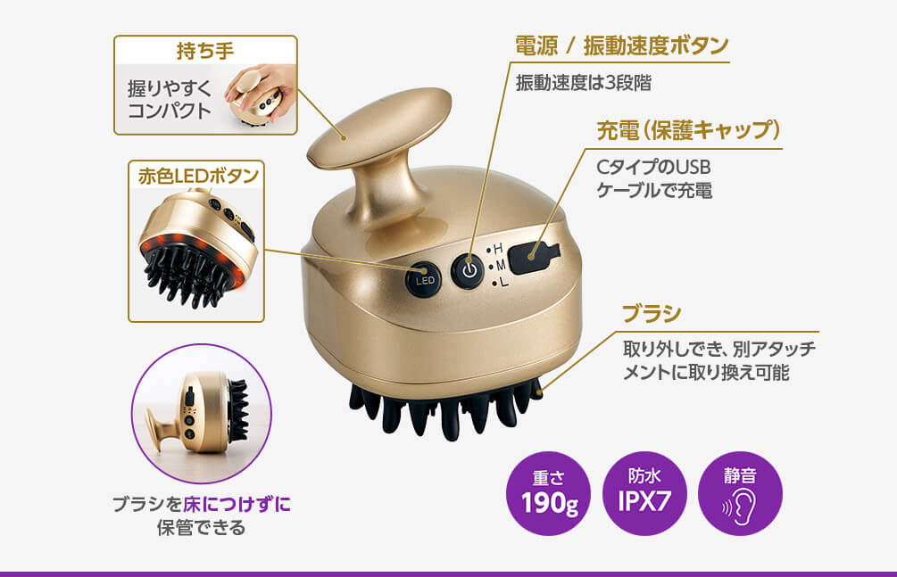 持ち手 握りやすくコンパクト 電源／振動速度ボタン 振動速度は3段階 充電（保護キャップ） CタイプのUSBケーブルで充電 赤色LEDボタン ブラシ 取り外しでき、別アタッチメントに取り換え可能 ブラシを床につけずに保管できる 重さ190g 防水 IPX7 静音