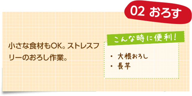 02 おろす 小さな食材もOK。ストレスフリーのおろし作業。 こんな時に便利! ・大根おろし ・長芋