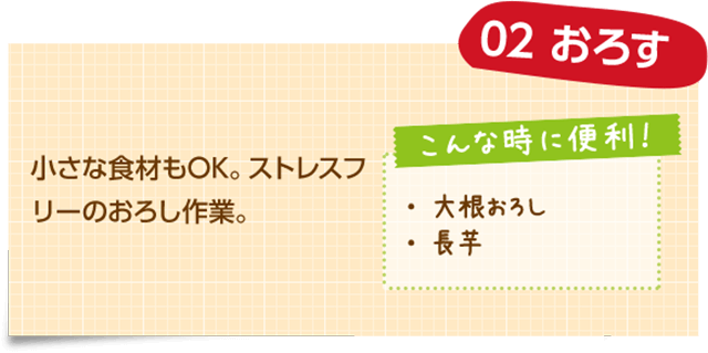 02 おろす 小さな食材もOK。ストレスフリーのおろし作業。 こんな時に便利！ ・大根おろし ・長芋