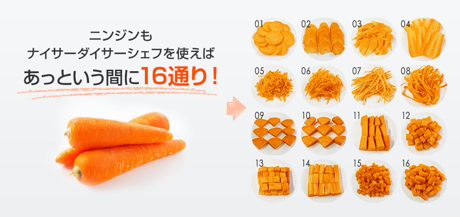 ニンジンもナイサーダイサーシェフを使えばあっという間に16通り!