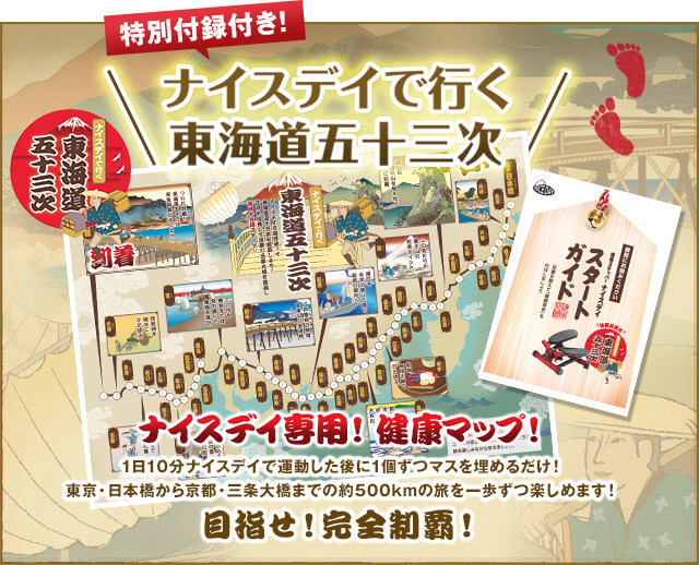 特別付録付き!ナイスデイで行く東海道五十三次 ナイスデイ専用!健康マップ! 1日10分ナイスデイで運動した後に1個ずつマスを埋めるだけ!東京・日本橋から京都・三条大橋までの約500kmの旅を一歩ずつ楽しめます!目指せ!完全制覇!