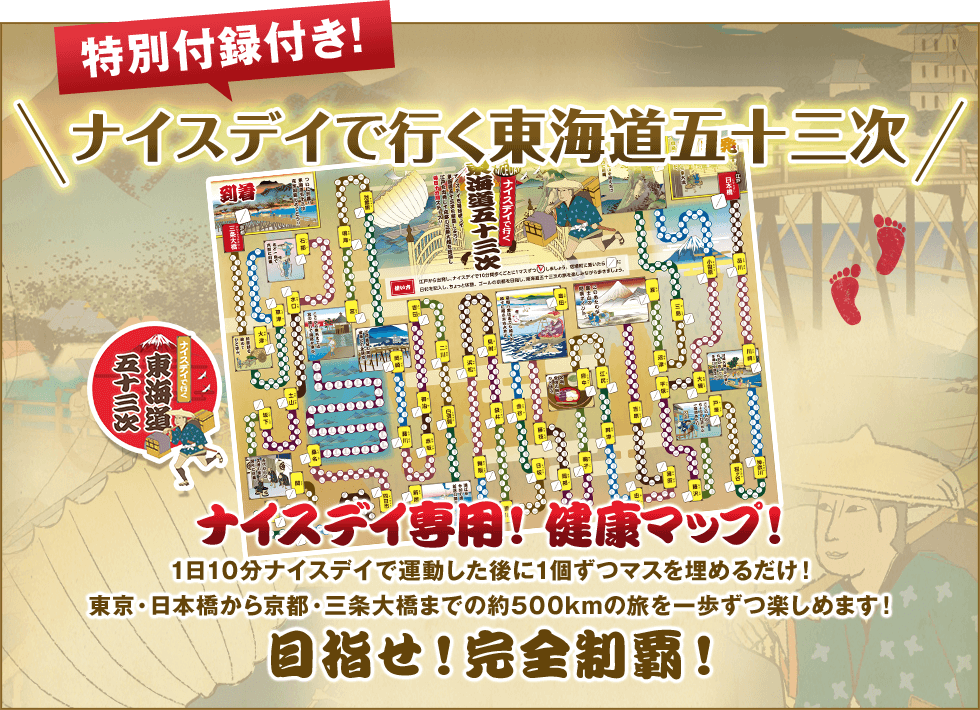 特別付録付き! ナイスデイで行く東海道五十三次 ナイスデイ専用!健康マップ! 1日10分ナイスデイで運動した後に1個ずつマスを埋めるだけ! 東京・日本橋から京都・三条大橋までの約500kmの旅を一歩ずつ楽しめます! 目指せ!完全制覇!