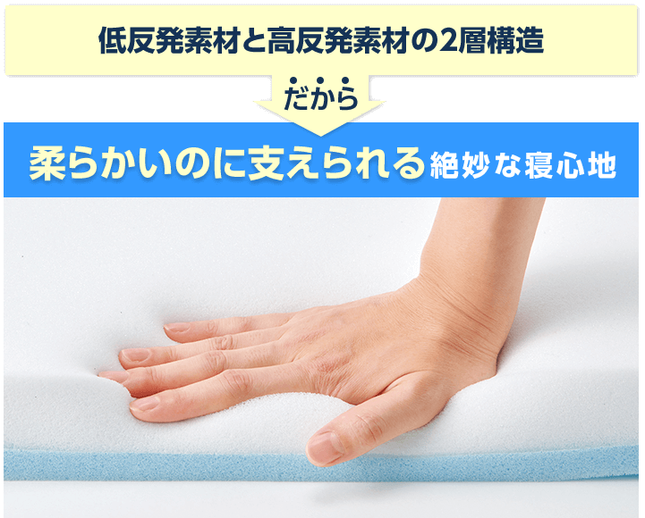 低反発素材と高反発素材の2層構造 だから柔らかいのに支えられる絶妙な寝心地