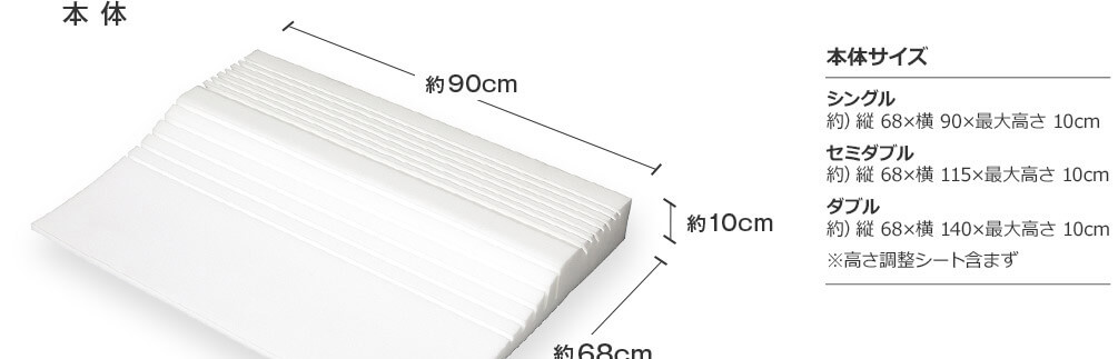 本体 約90cm 約68cm 約10cm 本体サイズ シングル 約)縦68×横90×最大高さ10cm セミダブル 約)縦68×横115×最大高さ10cm ダブル 約)縦68×横140×最大高さ10cm ※高さ調整シート含まず
