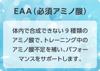 EAA(必須アミノ酸) 体内で合成できない9種類のアミノ酸で、トレーニング中のアミノ酸不足を補い、パフォーマンスをサポートします。