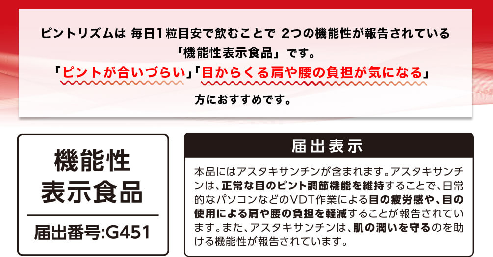 ピントリズムは毎日1粒目安で飲むことで2つの機能性が報告されている「機能性表示食品」です。「ピントが合いづらい」「目からくる肩や腰の負担が気になる」方におすすめです。 機能性表示食品 届出番号:G451 届出表示 本品にはアスタキサンチンが含まれます。アスタキサンチンは、正常な目のピント調節機能を維持することで、日常的なパソコンなどのVDT作業による目の疲労感や、目の使用による肩や腰の負担を軽減することが報告されています。また、アスタキサンチンは、肌の潤いを守るのを助ける機能性が報告されています。