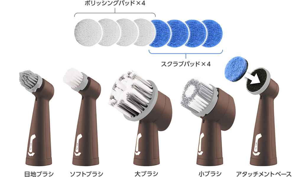 ポリッシングパッド×4 スクラブパッド×4 目地ブラシ ソフトブラシ 大ブラシ 小ブラシ アタッチメントベース