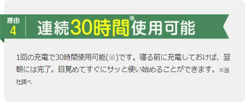 理由4 連続30時間※使用可能 1回の充電で30時間使用可能(※)です。寝る前に充電しておけば、翌朝には完了。目覚めてすぐにサッと使い始めることができます。 ※当社調べ