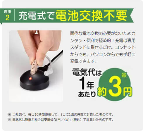 理由2 充電式で電池交換不要 面倒な電池交換の必要がないためカンタン・便利で経済的!充電は専用スタンドに乗せるだけ。コンセントからでも、パソコンからでも手軽に充電できます。 電気代は1年あたり約3円※ ※当社調べ。毎日10時間使用して、3日に1回の充電で計算したものです。 ※電気代は新電力料金目安単価31円/kWh(税込)で計算したものです。