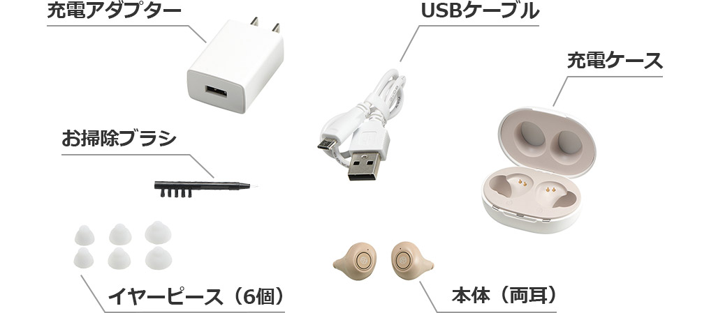 充電アダプター USBケーブル 充電ケース お掃除ブラシ イヤーピース（6個） 本体（両耳）