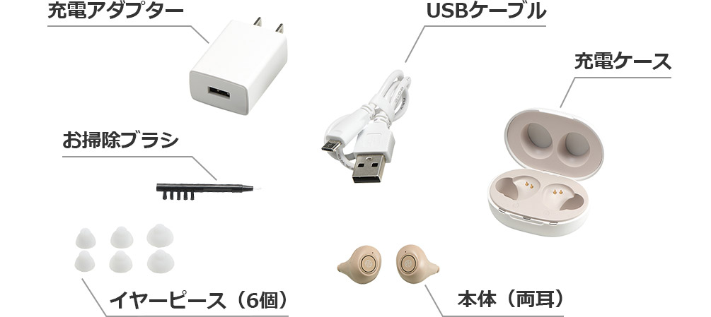 充電アダプター USBケーブル 充電ケース お掃除ブラシ イヤーピース(6個) 本体(両耳)