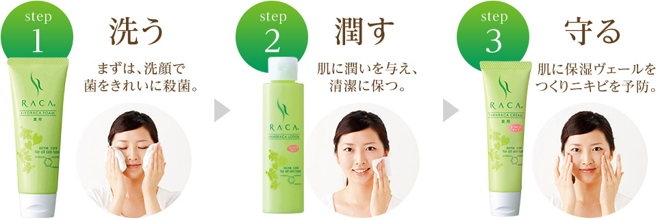 step1 洗う step2 潤す step3 守る