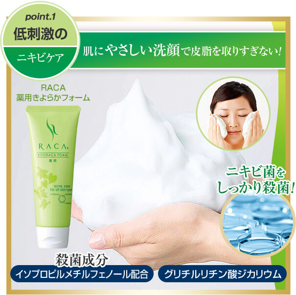 point.1 低刺激のニキビケア 肌にやさしい洗顔で皮脂を取りすぎない! ニキビ菌をしっかり殺菌! RACA 薬用きよらかフォーム 殺菌成分 イソプロピルメチルフェノール配合 グリチルリチン酸ジカリウム