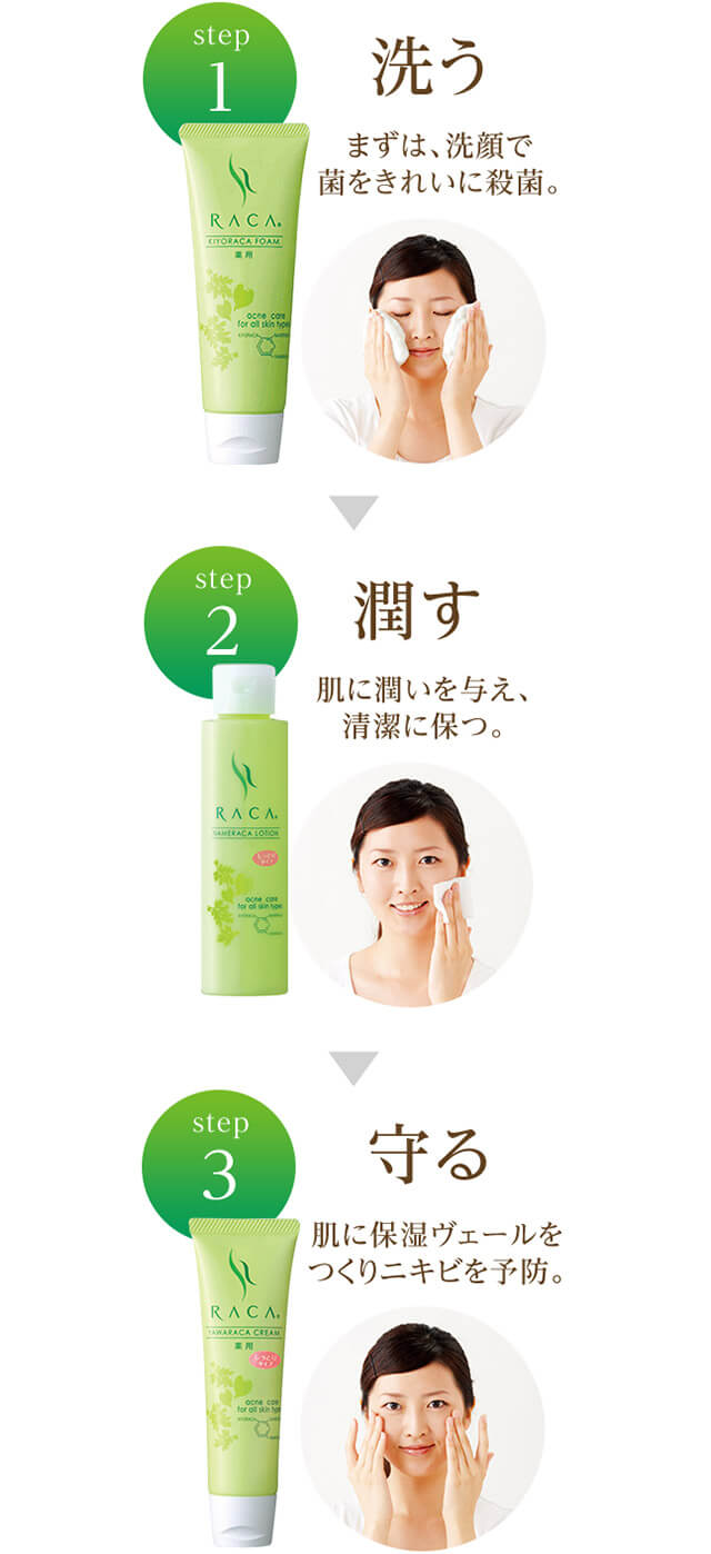 step1 洗う step2 潤す step3 守る