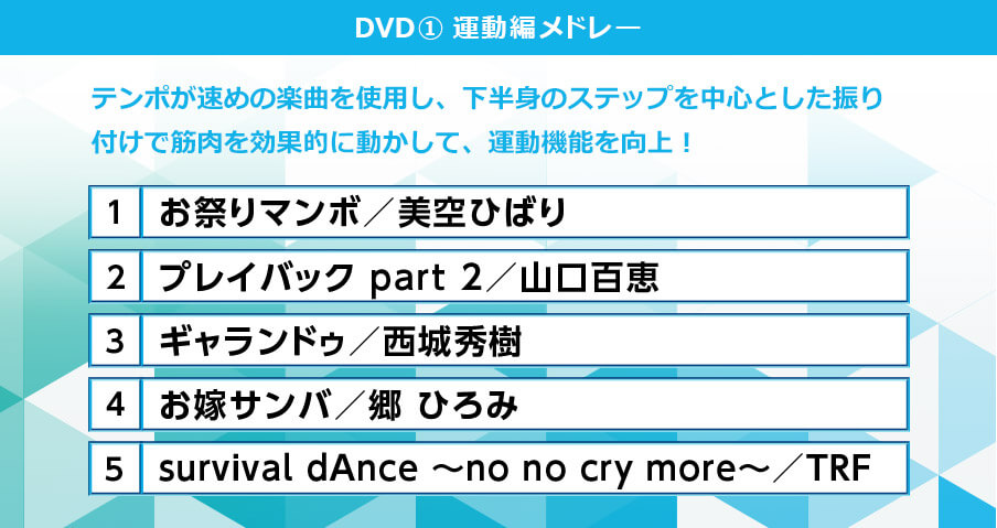 DVD1 運動編メドレー テンポが速めの楽曲を使用し、下半身のステップを中心とした振り付けで筋肉を効果的に動かして、運動機能を向上！ 1 お祭りマンボ／美空ひばり 2 プレイバック part 2／山口百恵 3 ギャランドゥ／西城秀樹 4 お嫁サンバ／郷 ひろみ 5 survival dAnce ～no no cry more～／TRF