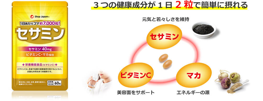 3つの健康成分が1日2粒で簡単に摂れる セサミン 元気と若々しさを維持 ビタミンC 美容面をサポート マカ エネルギーの源