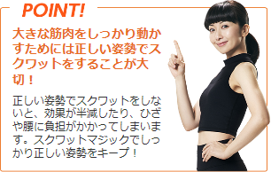 POINT! 大きな筋肉をしっかり動かすためには正しい姿勢でスクワットをすることが大切! 正しい姿勢でスクワットをしないと、効果が半減したり、ひざや腰に負担がかかってしまいます。