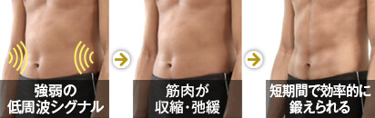 強弱の低周波シグナル → 筋肉が収縮・弛緩 → 短期間で効率的に鍛えられる