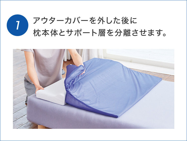 1 アウターカバーを外した後に枕本体とサポート層を分離させます。