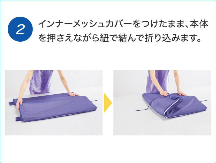 2 インナーメッシュカバーをつけたまま、本体を押さえながら紐で結んで折り込みます。
