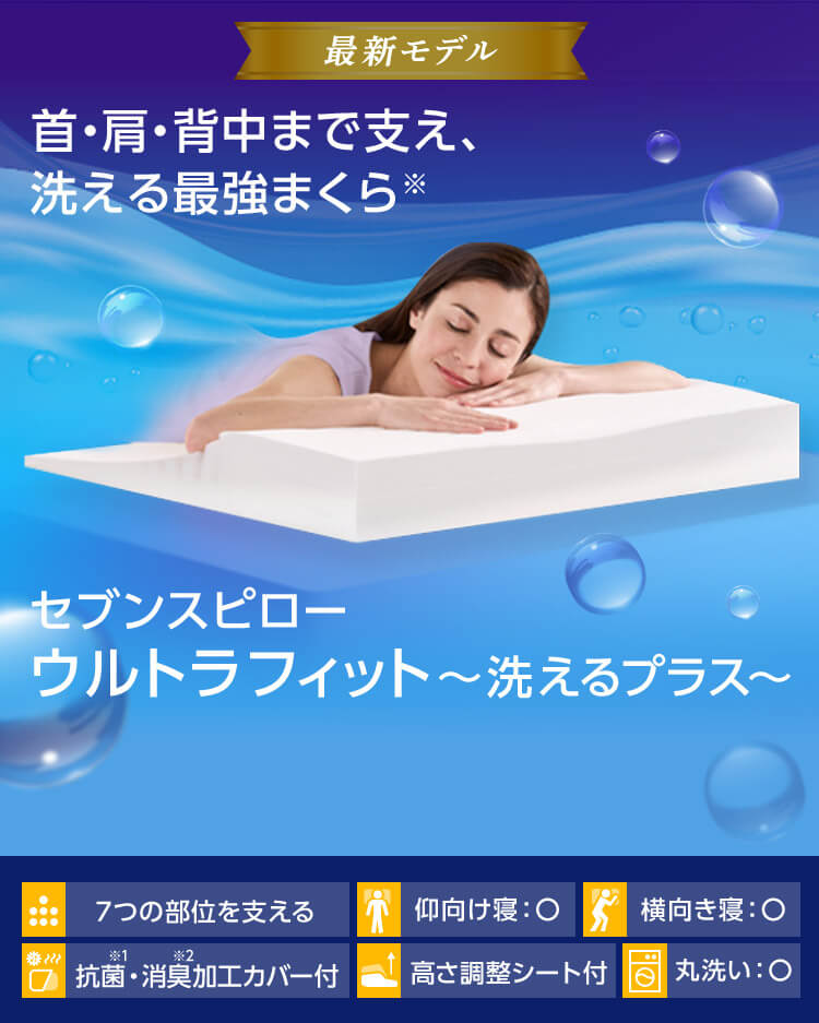 最新モデル 首・肩・背中まで支え、洗える最強まくら※ セブンスピロー ウルトラフィット~洗えるプラス~ 7つの部位を支える 仰向け寝:○ 横向き寝:○ 抗菌※1・消臭※2加工カバー付 高さ調整シート付 丸洗い:○
