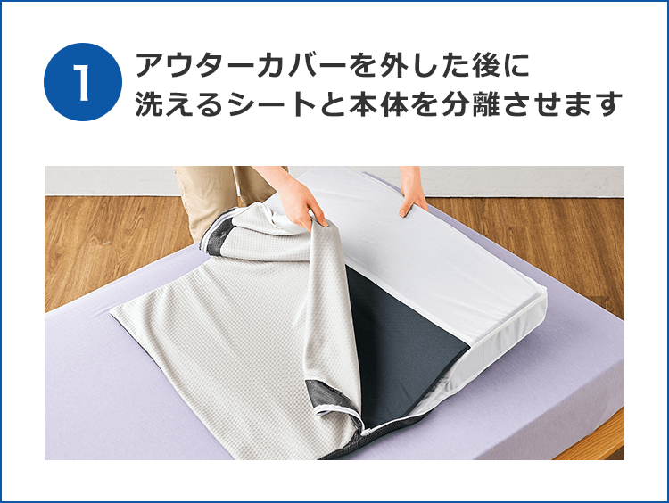 1 アウターカバーを外した後に洗えるシートと本体を分離させます