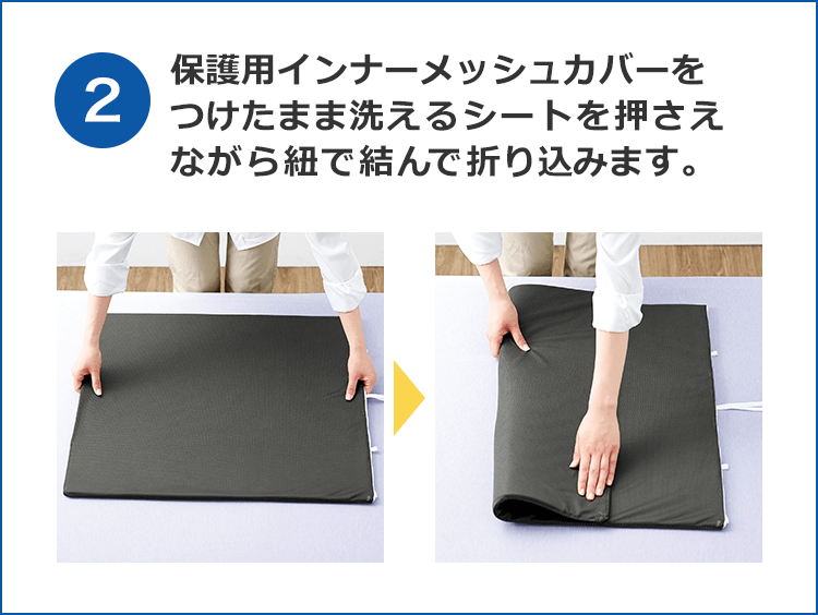 2 保護用インナーメッシュカバーをつけたまま洗えるシートを押さえながら紐で結んで折り込みます。