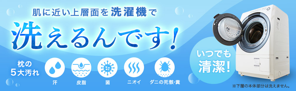 肌に近い上層面を洗濯機で洗えるんです! 枕の5大汚れ 汗 皮脂 菌 ニオイ ダニの死骸・糞 いつでも清潔! ※下層の本体部分は洗えません。