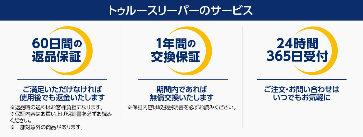 トゥルースリーパーのサービス 60日間の返品保証 1年間の交換保証 24時間365日受付