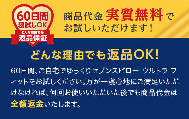 商品代金 実質無料 でお試しいただけます!どんな理由でも返品OK!60日間、ご自宅でゆっくりセブンスピロー ウルトラフィットをお試しください。万が一寝心地にご満足いただけなければ、何回お使いいただいた後でも商品代金は全額返金いたします。
