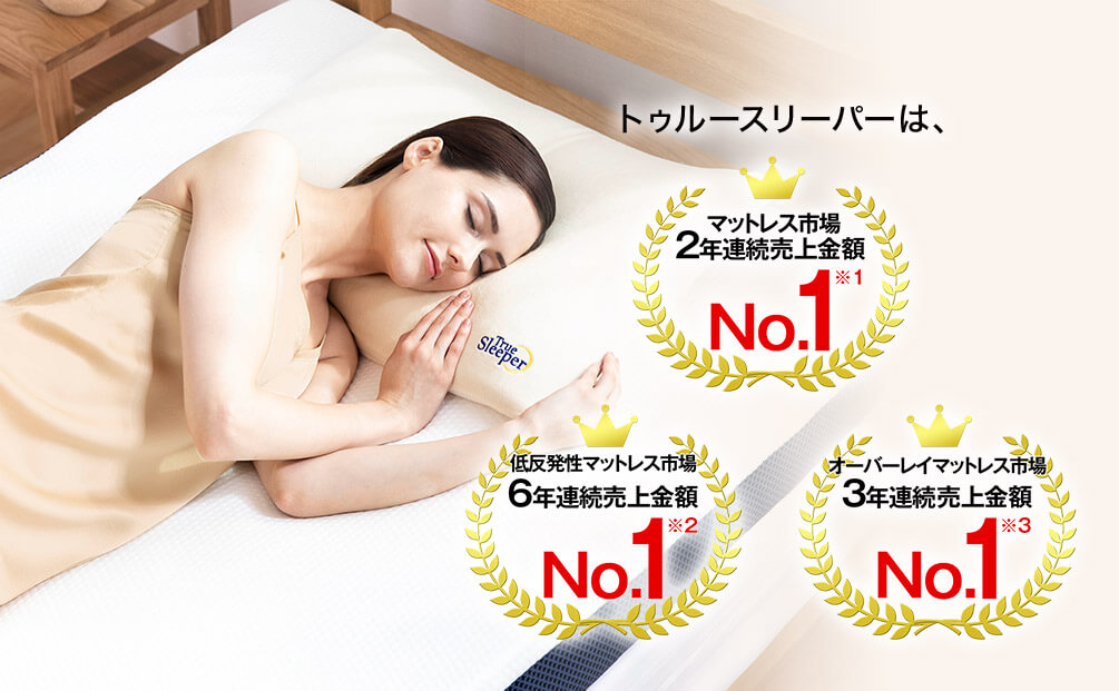 トゥルースリーパーは、マットレス市場2年連続売上金額No.1※1 低反発性マットレス市場6年連続売上金額No.1※2 オーバーレイマットレス市場3年連続売上金額No.1※3