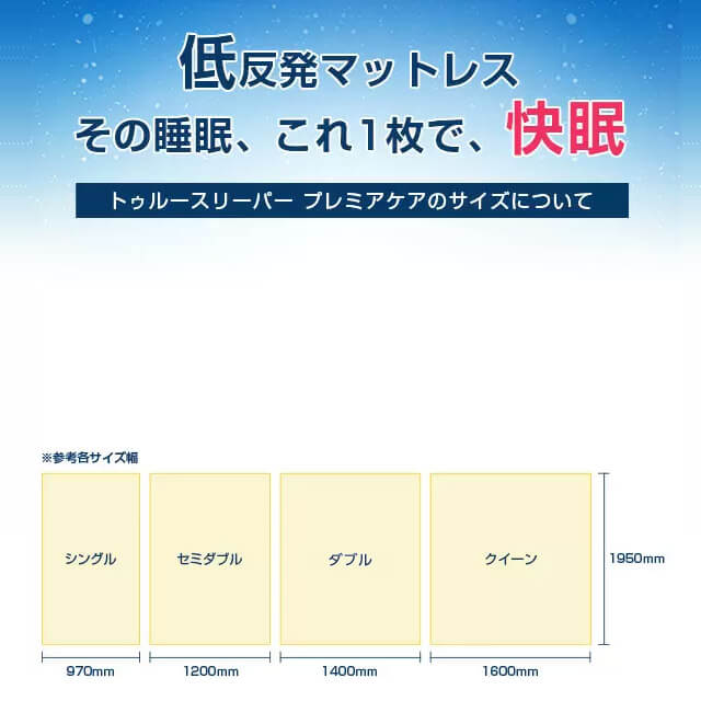 低反発マットレス その睡眠、これ一枚で、快眠 トゥルースリーパー プレミアケアのサイズについて ※参考各サイズ幅