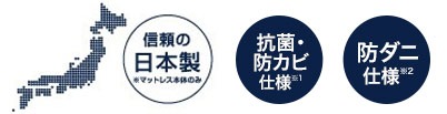 信頼の日本製※マットレス本体のみ 抗菌・防カビ仕様※1 防ダニ仕様※2