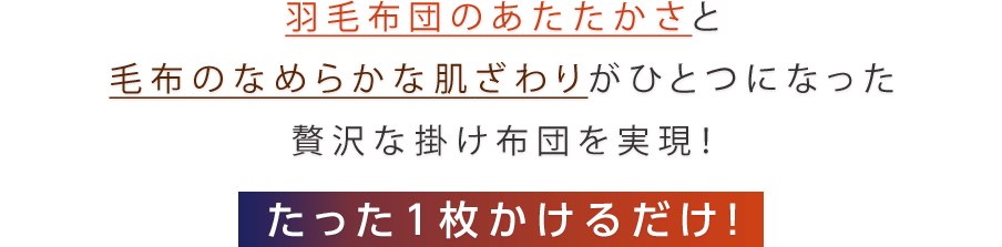 羽毛布団のあたたかさと毛布のなめらかな肌ざわりがひとつになった贅沢な掛け布団を実現！たった1枚かけるだけ！