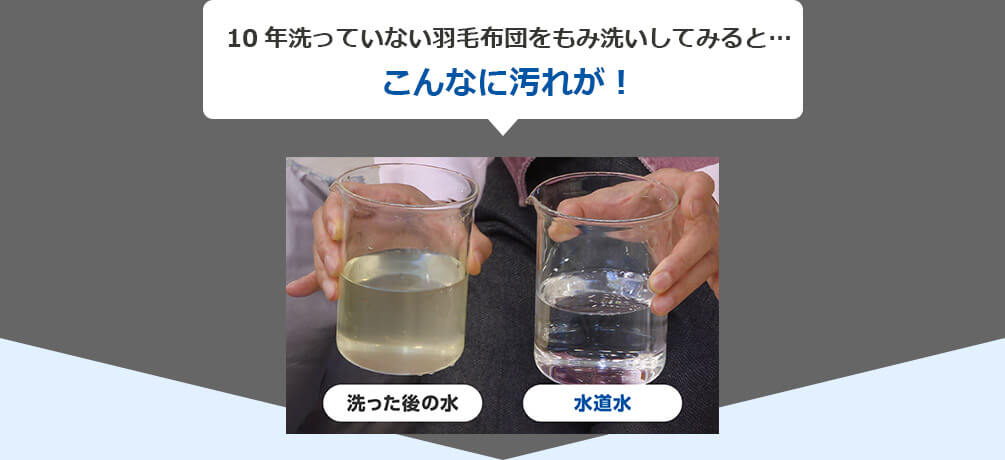 10年洗っていない羽毛布団をもみ洗いしてみると…こんなに汚れが! 洗った後の水 水道水