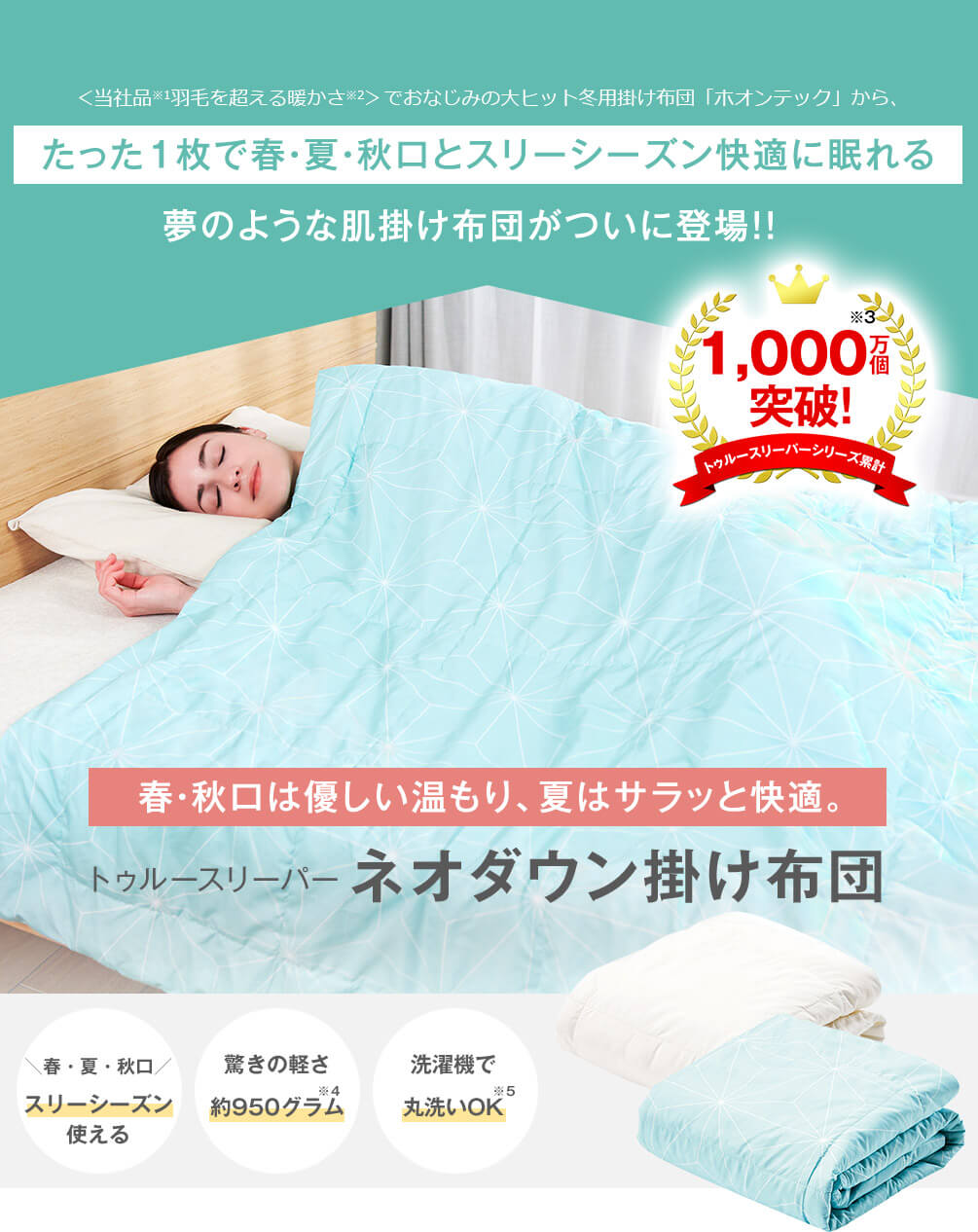 <当社品※1羽毛を超える暖かさ※2>でおなじみの大ヒット冬用掛け布団「ホオンテック」から、たった1枚で春・夏・秋口とスリーシーズン快適に眠れる夢のような肌掛け布団がついに登場!! トゥルースリーパーシリーズ累計1,000万個突破!※3 春・秋口は優しい温もり、夏はサラッと快適。 トゥルースリーパー ネオダウン掛け布団 春・夏・秋口 スリーシーズン使える 驚きの軽さ 約950グラム※4 洗濯機で丸洗いOK※5