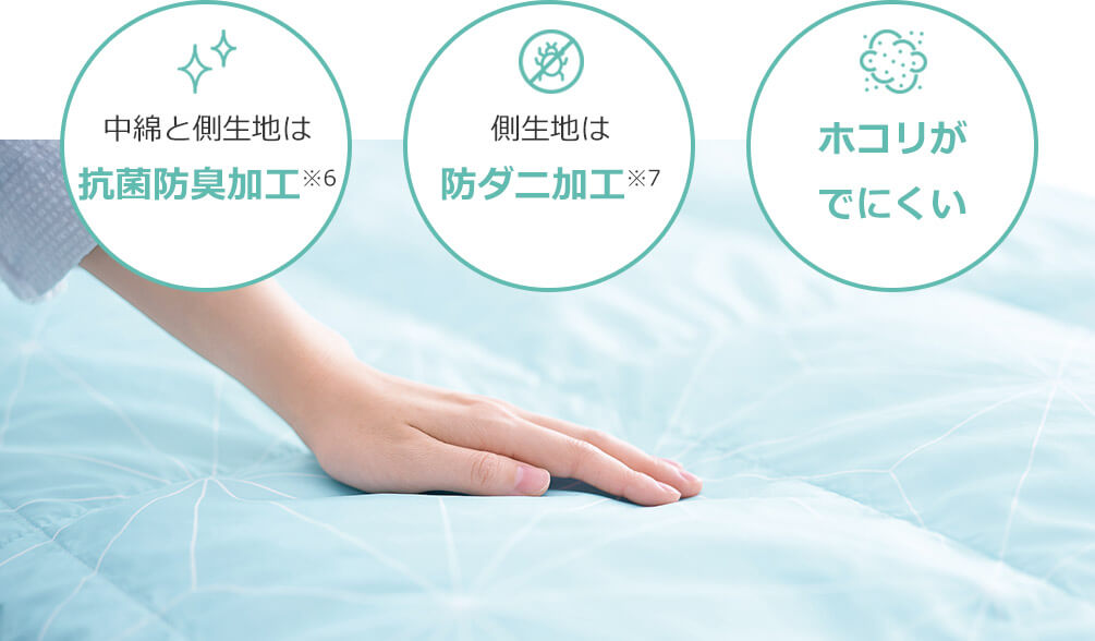 中綿と側生地は抗菌防臭加工※6 側生地は防ダニ加工※7 ホコリがでにくい