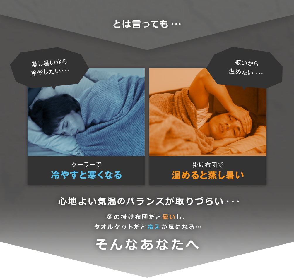 とは言っても・・・ 蒸し暑いから冷やしたい・・・クーラーで冷やすと寒くなる 寒いから温めたい・・・掛け布団で温めると蒸し暑い 心地よい気温のバランスが取りずらい・・・ 冬の掛け布団だと暑いし、タオルケットだと冷えが気になる…そんなあなたへ