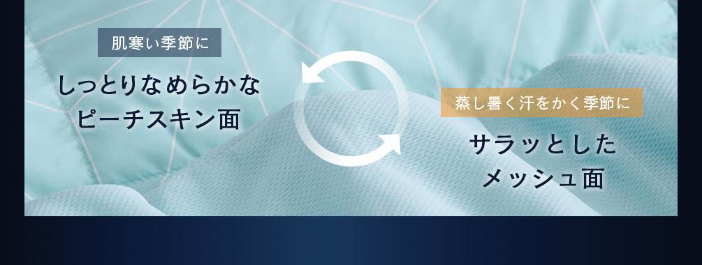 肌寒い季節に しっとりなめらかな ピーチスキン面 蒸し暑く汗をかく季節に サラッとしたメッシュ面