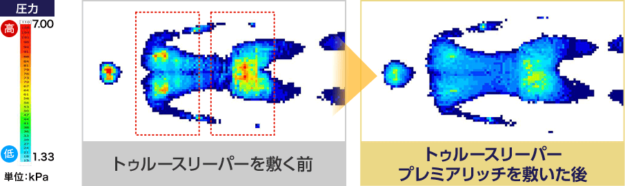 単位:kPa トゥルースリーパーを敷く前 トゥルースリーパー プレミアリッチを敷いた後