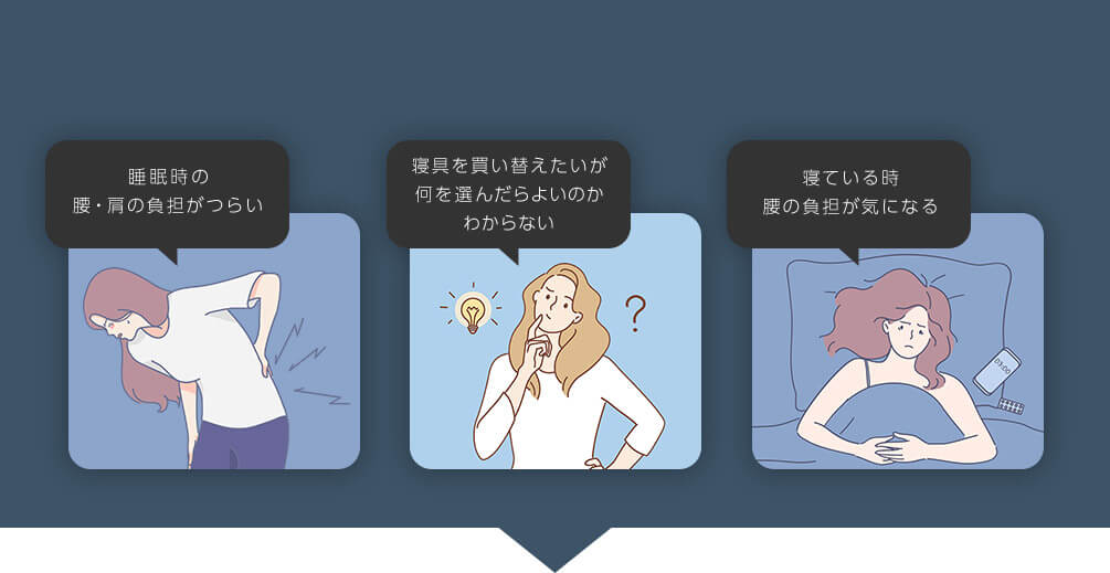 睡眠時の腰・肩の負担がつらい 寝具を買い替えたいが何を選んだらよいのかわからない 寝ている時腰の負担が気になる