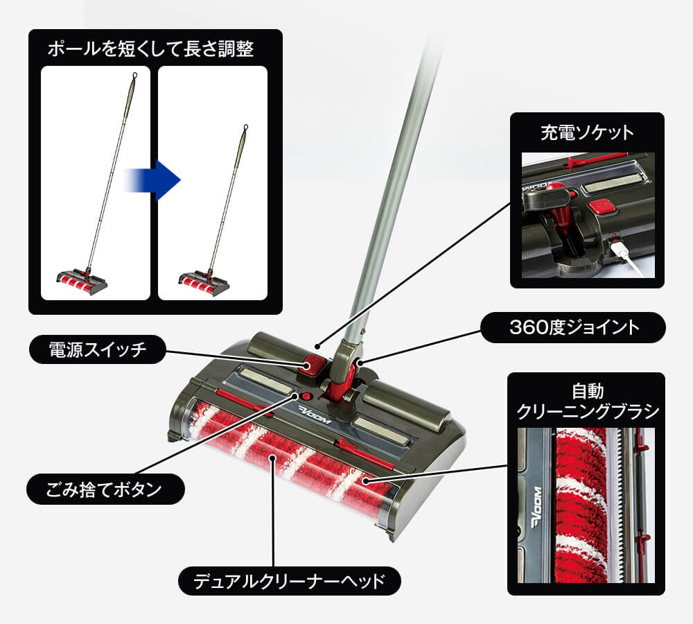 ポールを短くして長さ調整 電源スイッチ ごみ捨てボタン デュアルクリーナーヘッド 充電ソケット 360度ジョイント 自動クリーニングブラシ