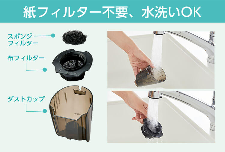 紙フィルター不要、水洗いOK スポンジフィルター 布フィルター ダストカップ