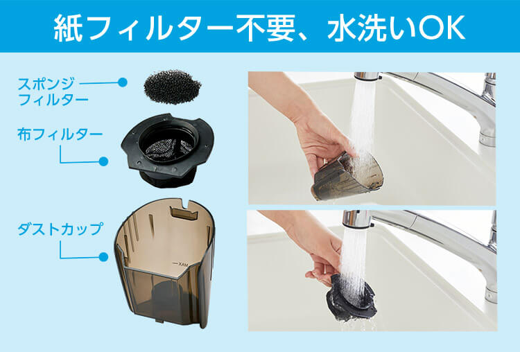 紙フィルター不要、水洗いOK スポンジフィルター 布フィルター ダストカップ